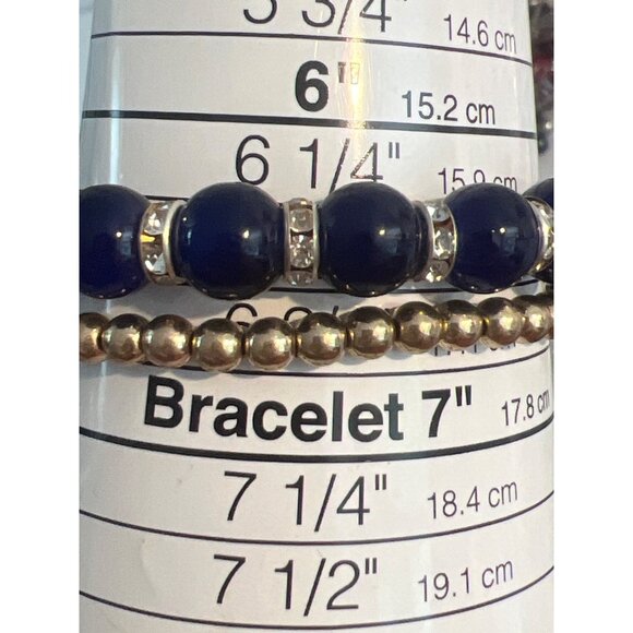 Set of 2 Evil Eye Beaded Bracelet Gold Tone Blue Glass Stretch Stack 6.5" 6.75" - Picture 5 of 5